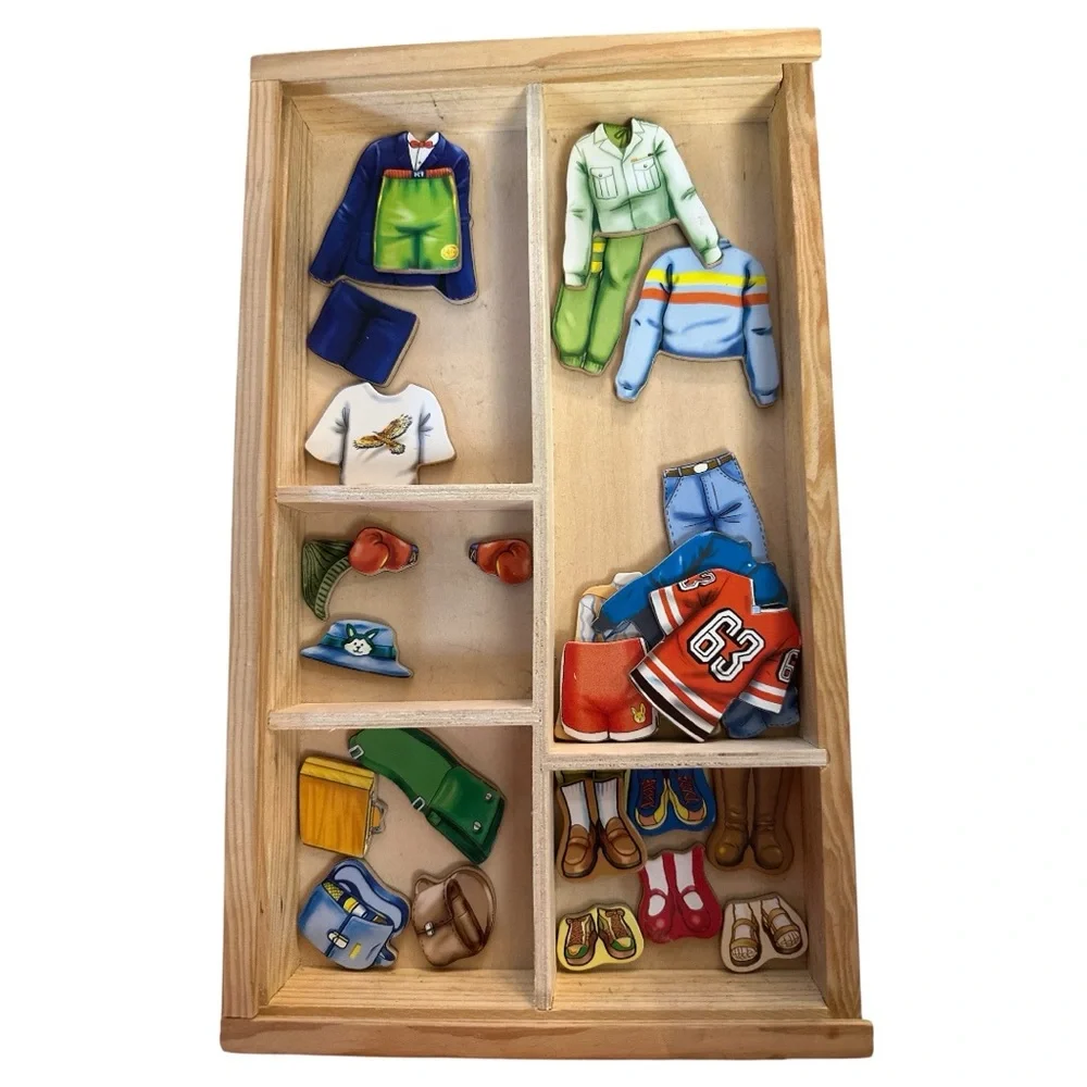 Magnetic Boy Dress Up Wooden Box, Model, Stand, and Clothing Items Used